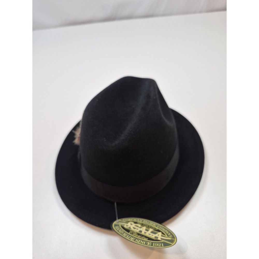 Scala Hat Fedora Mens One Size Black Wool Felt Handmade Classic Trim Feather Pin - Picture 3 of 12